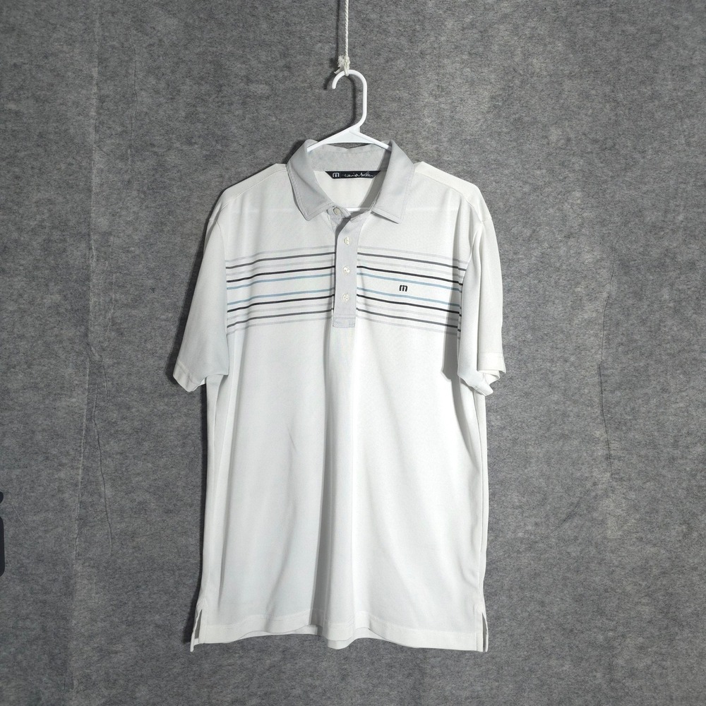 TravisMathew Polo Mens Large White Striped Performance Golf Shirt Short Sleeve